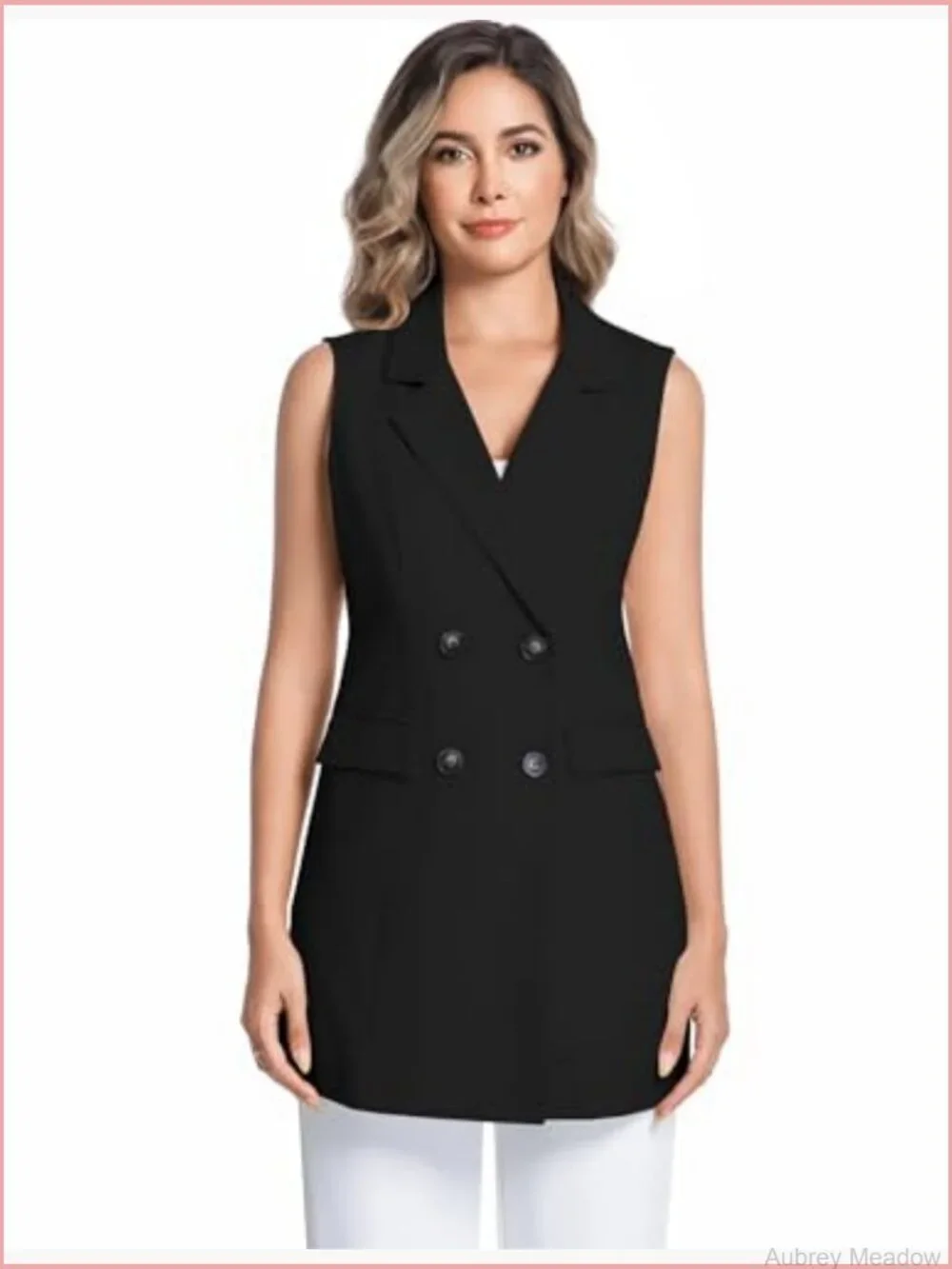 Sleeveless Long Vest Notch Lapel Double Breasted Cotton Linen Blazer Jacket